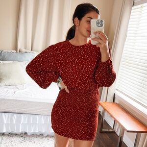 (vestique) NWT red floral smocked skirt long sleeve mini fall dress